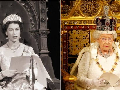 A la izquierda, Isabel II abre una sesión del parlamento canadiense en 1957. A la derecha, la reina durante la apertura estatal del parlamento en 2016 en Londres. 