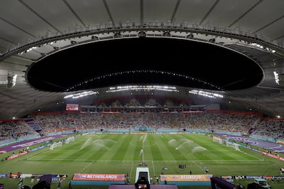 Inside the Khalifa International Stadium in Qatar during a 2022 FIFA World Cup match.