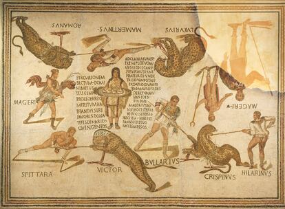 A mosaic portrays games that took place in an amphitheatre in Soussa, Tunisia.