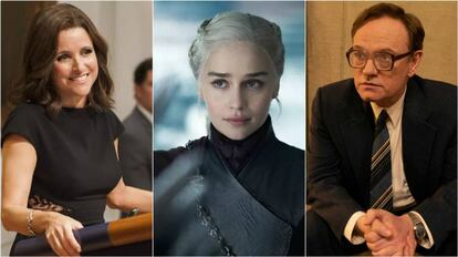 Julia Louis-Dreyfus ('Veep'), Emilia Clarke ('Juego de tronos') y Jared Harris (‘Chernobyl’).