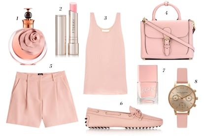 1. Valentino Perfume 'Valentina Assoluto' 2. By Terry Labial rosado 3. Chloé Top sin mangas 4. Burberry Bolso tote pequeño 'Saddle' 5. MCQ AlexanderMcqueen Shorts con pinza 6. Tod's Mocasines acordonados 7. Nails Inc Laca de uñas 8. Olivia Burton Reloj con esfera dorada y correa de piel.