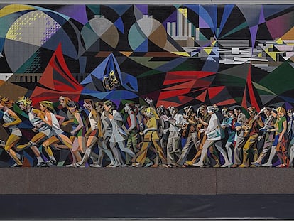 La marcha de la juventud hacia el futuro, boceto de Renau para mural que se exhibe en la exposición del IVAM.
