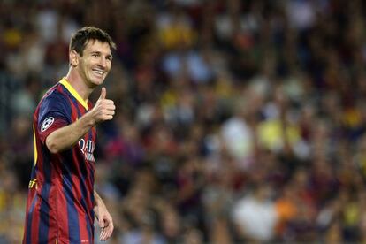 Lionel Messi gives the thumbs up during the Champions League match against Ajax.