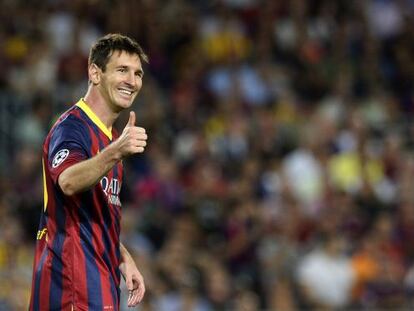 Lionel Messi gives the thumbs up during the Champions League match against Ajax.