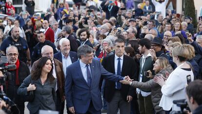 Carles Puigdemont, a su llegada al acto de Junts en Elna, al sur de Francia, este jueves.