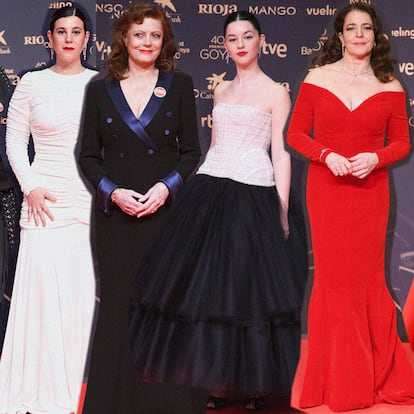 Desde la izda., Alba Flores, Ángela Cervantes, Susan Sarandon, Blanca Soroa, Nora Navas y Leonor Watling en la alfombra roja de los Premios Goya 2026.