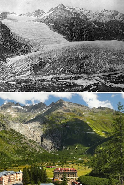 El trabajo del fotógrafo de Reuters resulta espectacular en algunos casos, como en estas dos imágenes. El glaciar Rhone, en 1849 (arriba) y en la actualidad. Hace dos días se dio a conocer que <a href="https://elpais.com/sociedad/2019/11/24/actualidad/1574595025_531338.html"> los gases de efecto invernadero en la atmósfera han marcado un nuevo máximo histórico.</a>