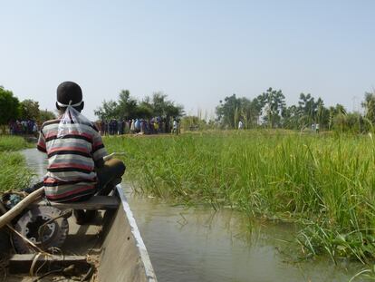Un chico conduce una canoa hacia la isla M’Bida, situada en medio del río Níger. Allí espera la población, que es beneficiaria de un programa de irrigación para el desarrollo de la agricultura.