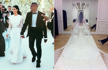 Una de las bodas más mediáticas de los últimos tiempos ha sido la de Kim Kardashian y Kanye West. La novia lució un diseño de Alta Costura customizado de su amigo Riccardo Tisci para Givenchy. El encaje, las transparencias y el velo hasta el suelo supuso para la pareja un desembolso de 400.000 dólares (más de 350.000 euros).