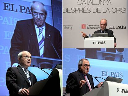 El presidente José Montilla y los consejeros Antoni Castells (arriba a la derecha) y Joaquim Nadal, durante el debate ayer en Barcelona.