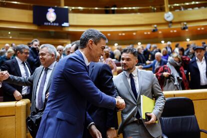 El presidente Pedro Sánchez saluda a Gabriel Rufián, diputado de ERC, en un pleno del Congreso. EFE/Rodrigo Jimenez

