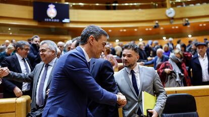 El diputado de Esquerra Republicana de Catalunya Gabriel Rufián (derecha) saluda al presidente del Gobierno, Pedro Sánchez, durante el pleno del Congreso del día 10, reunido excepcionalmente en el Senado.