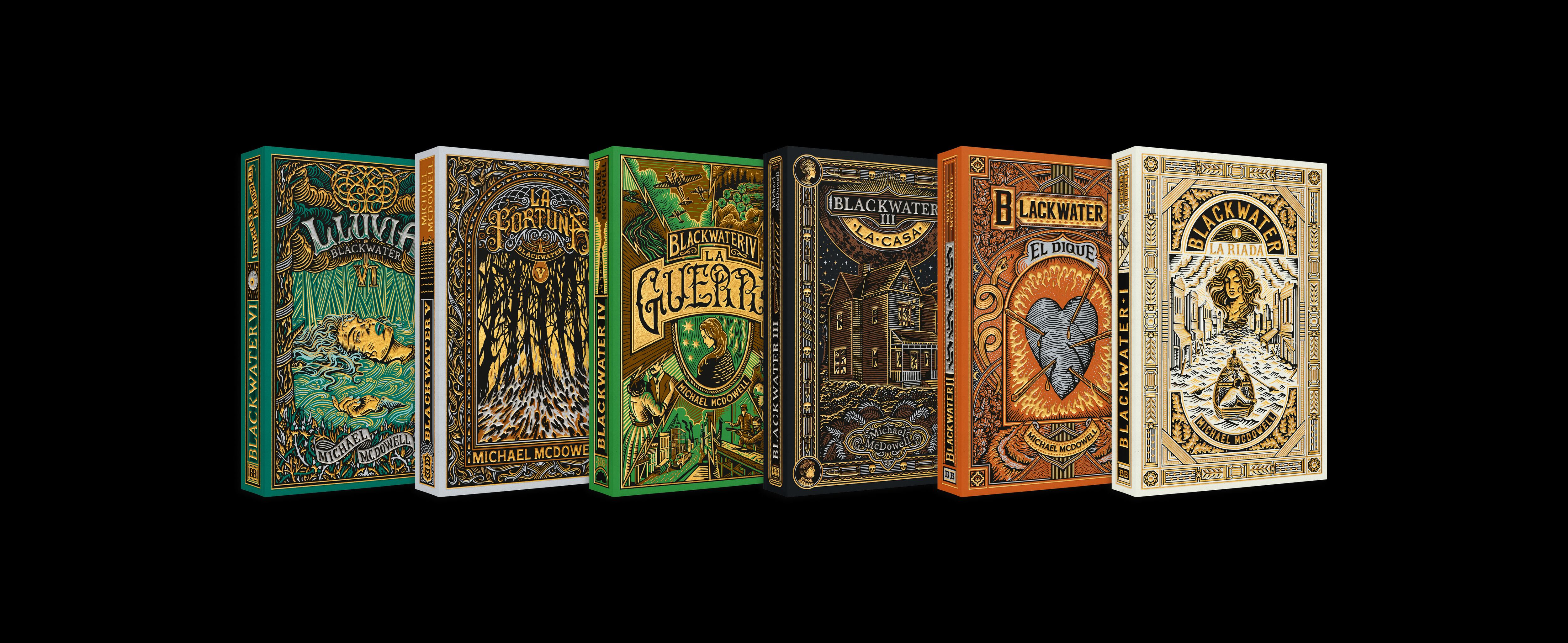 Los seis libros de 'Blackwater', de Michael McDowell, con portadas ilustradas por Pedro Oyarbide, editados por Blackie Books. 