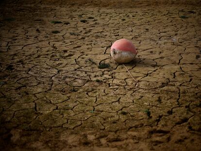 A buoy is seen on the banks of the partially dry Lake Montbel at the foot of the Pyrenees Mountains as France faces records winter dry spell raising fears of another summer of droughts and water restrictions, March 13, 2023. REUTERS/Sarah Meyssonnier     TPX IMAGES OF THE DAY