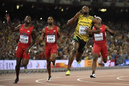 Usain Bolt después de ganar la carrera de los 100 metros
