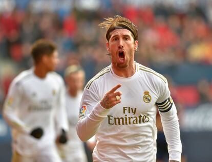 El defensa madridista Sergio Ramos tras marcar el segundo gol.