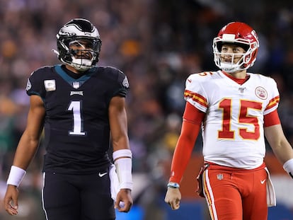 Una imagen comparativa de los 'quarterbacks' de Philadelphia Eagles, Jalen Hurts, y el de los Kansas City Chiefs, Patrick Mahomes.