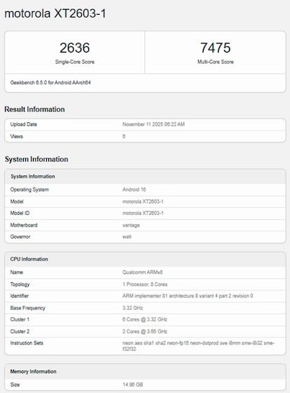 Resultados del Moto Edge 70 Ultra en la prueba Geekbench
