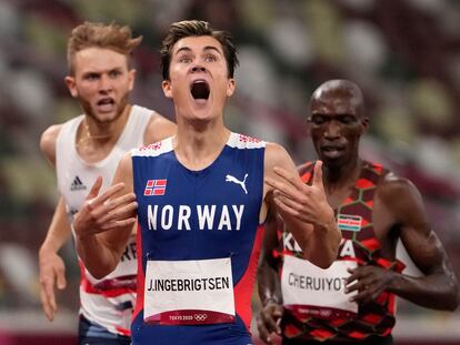 Jakob Ingebrigtsen, of Norway celebrates winning the gold medal in the final of the men's 1,500-meters at the 2020 Summer Olympics, Saturday, Aug. 7, 2021, in Tokyo, Japan.