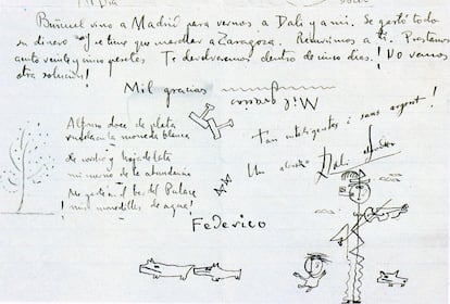 Manuscrito histórico escrito por Dalí y Lorca donde se puede leer: "Buñuel vino a Madrid para vernos a Dalí y a mi. Se gastó todo su dinero y se tiene que marchar a Zaragoza. Recurrimos a ti. Préstanos 125 pesetas. Te lo devolveremos dentro de cinco días. No vemos otra solución! Mil gracias. Federico. Dalí".