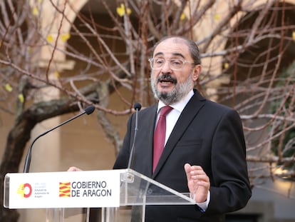 Javier Lambán, este miércoles, en el Castillo de los Calatravos de Alcañiz (Teruel).