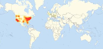 Mapa con los puntos del planeta con problemas, según la web especializada Downdetector.