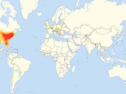 Mapa con los puntos del planeta con problemas, según la web especializada Downdetector.