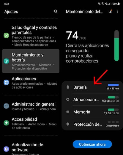 Accede a los controles de batería de Android.