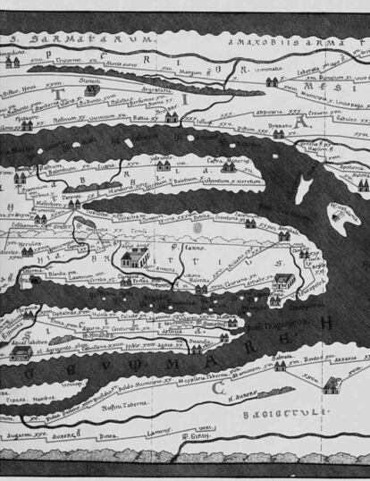 Las carreteras romanas en la Tabla de Peutinger, del siglo V.