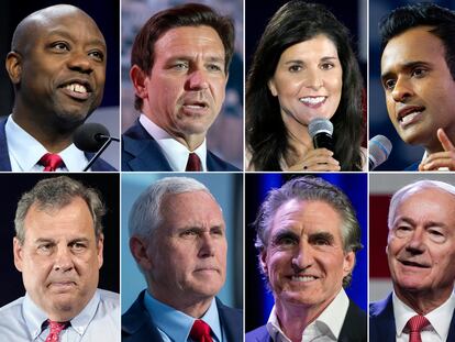 Participants in the first debate of the Republican presidential primaries. From left to right, top, Tim Scott, Ron DeSantis, Nikki Haley and Vivek Ramaswamy. Below, Chris Christie, Mike Pence, Doug Burgum and Asa Hutchinson.