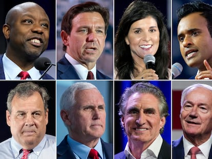 Los participantes en el primer debate de las primarias presidenciales republicanas. De izquierda a derecha, arriba, Tim Scott, Ron DeSantis, Nikki Haley y Vivek Ramaswamy. Abajo, Chris Christie, Mike Pence, Doug Burgum y Asa Hutchinson.