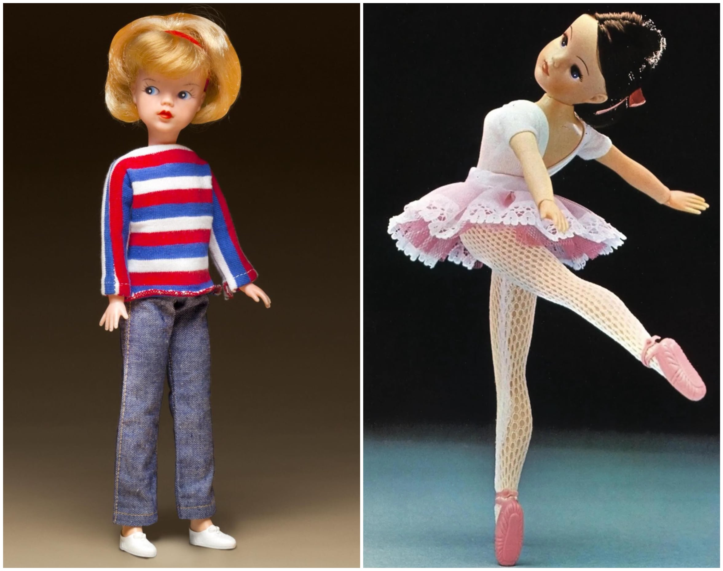 La muñeca Sindy Weekender de 1963 (izquierda) y la edición Sindy ballerina de 1980.