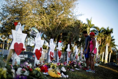 Adin Chistian, estudiante del Marjory Stoneman Douglas High School, y su madre, ante las cruces por los compañeros muertos en el tiroteo.