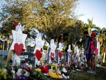 Adin Chistian, estudiante del Marjory Stoneman Douglas High School, y su madre, ante las cruces por los compa&ntilde;eros muertos en el tiroteo.