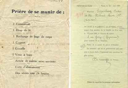 Convocatoria que recibieron los judíos extranjeros de París para la Redada de la tarjeta verde.