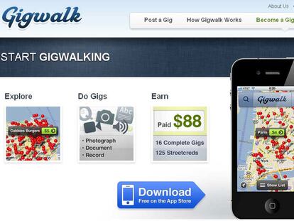 Página de Gigwalk, que recompensa por trabajos realizados con el móvil.