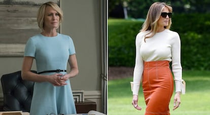 Robin Wright, como Claire Underwood en una escena de la serie &#039;House of Cards&#039; y, a la derecha, la primera dama Melania Trump el pasado mayo.