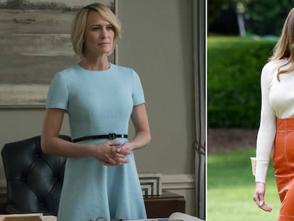 Robin Wright, como Claire Underwood en una escena de la serie &#039;House of Cards&#039; y, a la derecha, la primera dama Melania Trump el pasado mayo.