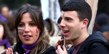 Two protesters at the Madrid march on Thursday.