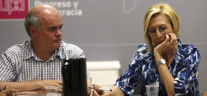 La l&iacute;der de UPyD, Rosa D&iacute;ez, junto al diputado nacional, Carlos Mart&iacute;nez Gorriar&aacute;n, en la rueda de prensa.