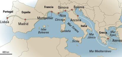 Mapa de trenes desde Lisboa a Atenas, incluyendo el ferri desde Italia a Grecia.