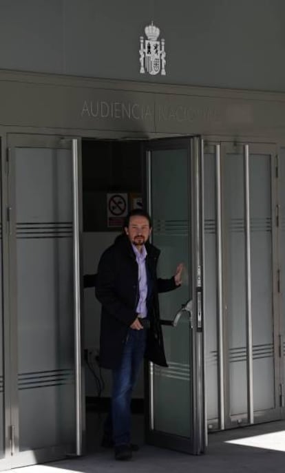 Podemos leader Pablo Iglesias walking out of the High Court where he testified in an espionage case.