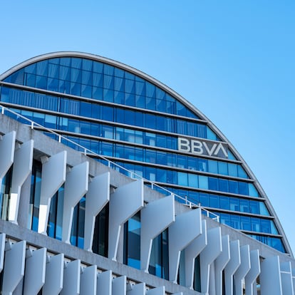 2N7WT7A Madrid, Spain, February 4, 2023: BBVA bank headquarters in Madrid on a clear day and blue sky, copyspace.