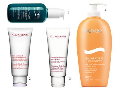 1. Emulsión reafirmante Skin Fitness Recovery, de Biotherm. 2. Antiestrías Soin Complete Special Vergetures, de Clarins. 3. Gommage Exfoliant, de Clarins. 4. Hidratante corporal Baume Corps Oil Therapy, de Biotherm.