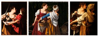 De izquierda a derecha: 'Judit y su sirvienta con la cabeza de Holofernes' (c. 1605-1612), de Orazio Gentileschi; otra versión de Orazio Gentileschi de 'Judit y su sirvienta con la cabeza de Holofernes' (1608-1609), en el Museo de Oslo. Y una de las obras de Artemisia Gentileschi con la misma temática (1618-1619), en el Palacio Pitti. 