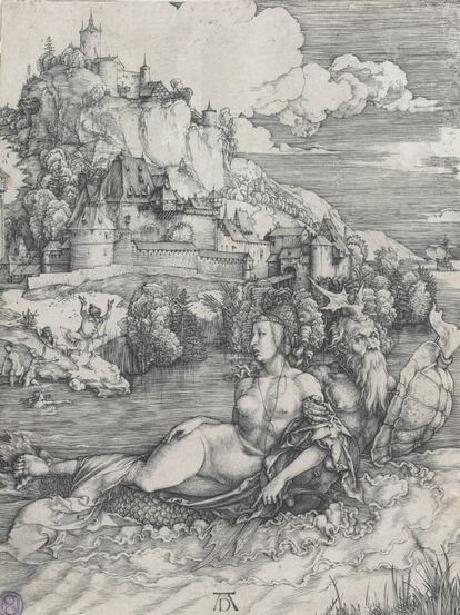 'El rapto de Aminoe' (sin fecha, se data hacia 1498), buril. La imagen representa el secuestro de una mujer por un monstruo marino. Un personaje fantástico con cuerpo de hombre y cola de pescado.