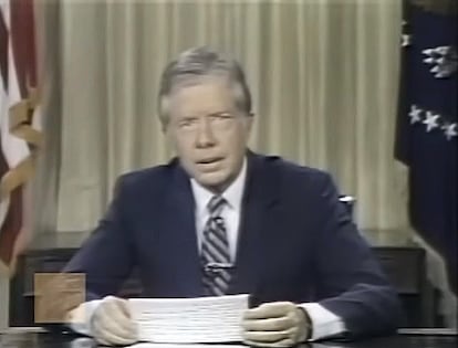 El presidente de EE UU, Jimmy Carter, habla a la nación en un discurso televisado, el 15 de julio de 1979. 