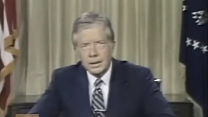El presidente de EE UU, Jimmy Carter, habla a la nación en un discurso televisado, el 15 de julio de 1979.