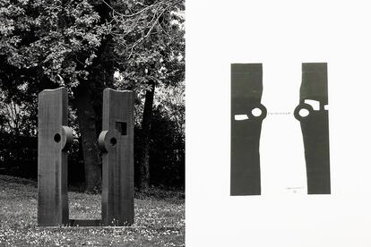 La escultura 'Homenaje a Balenciaga' de Chillida Leku inspira la litografía del artista que sirve como logotipo de la Fundación Cristóbal Balenciaga.