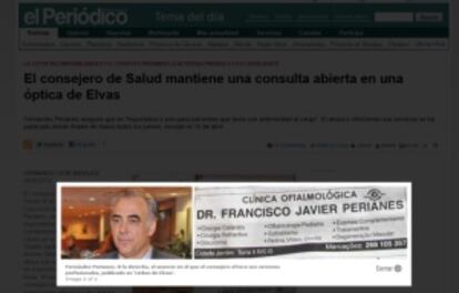 Captura de 'El Periódico de Extremadura' en la que se puede ver la fotografía del consejero y el anuncio que publicitaba su consulta.